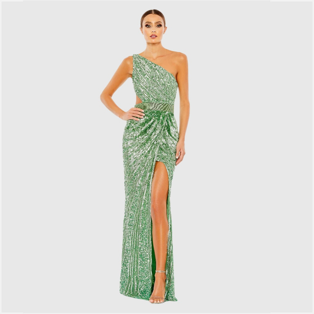 Mac Duggal Green Sequin One Shoulder Draped Lace Up Gowns- Size 12